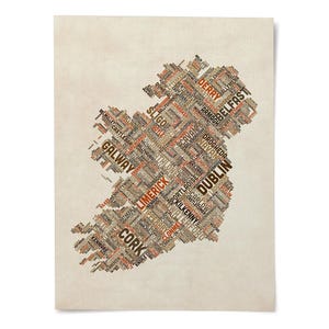 The image is a collage of various words and phrases that represent different cities and locations in Ireland, such as Cork, Limerick, Dublin, Galway, and Belfast.