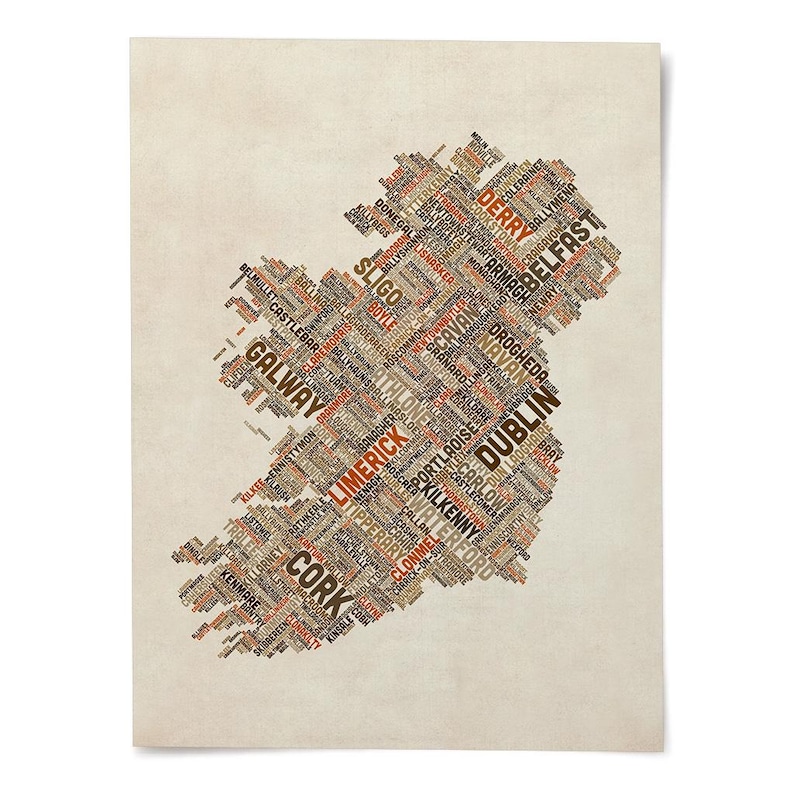 The image is a collage of various words and phrases that represent different cities and locations in Ireland, such as Cork, Limerick, Dublin, Galway, and Belfast.