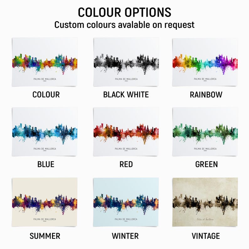 a collection of nine different color options for a cityscape, with each option represented by a unique color. The options include custom colors available on request, such as "COLOUR", "BLACK WHITE", "RAINBOW", "BLUE", "RED", "GREEN", "SUMMER", "WINTER", and "VINTAGE".