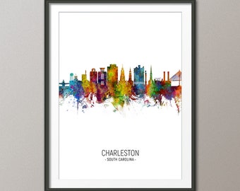 Charleston Skyline, Charleston South Carolina Cityscape Art Print Poster Portrait (5013)