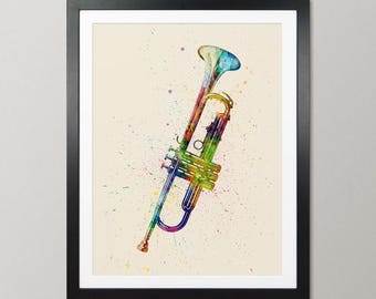 Trumpet Music Instrument, Abstract Watercolor - Art Print Poster (1999)