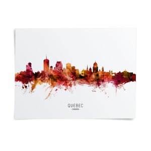The image is a stylized representation of the skyline of Quebec, Canada, with the city's buildings depicted in a watercolor-like style.