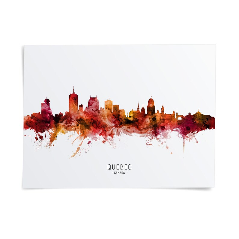 The image is a stylized representation of the skyline of Quebec, Canada, with the city's buildings depicted in a watercolor-like style.