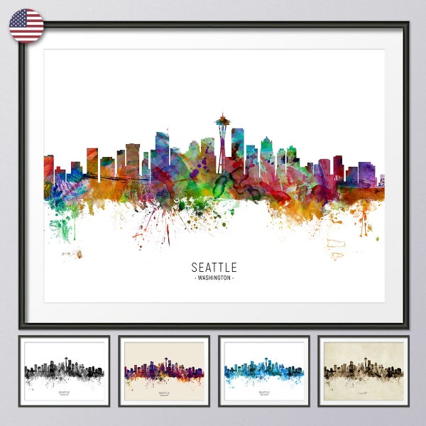 Seattle Skyline Washington, Cityscape Painting Art Print Poster UX (6531)