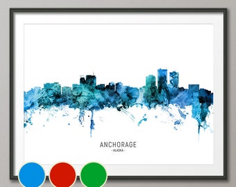 Anchorage Skyline Alaska, Cityscape Art Poster Print Blue Red Green (20600)