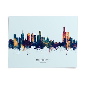 the skyline of Melbourne, Australia, with a colorful and stylized representation of the city's buildings and landmarks.