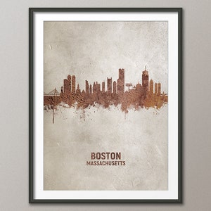 Boston Skyline Massachusetts, Rust on Concrete Cityscape Art Print Poster (4598)
