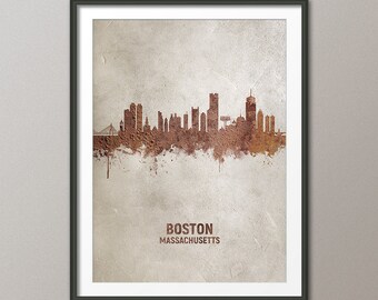 Boston Skyline Massachusetts, Rust on Concrete Cityscape Art Print Poster (4598)