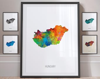 Hungary Map, Watercolour Painting Art Print Poster, Portrait - MX (10848)