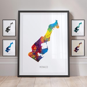 Monaco Map, Watercolour Painting Art Print Poster MX (10886)