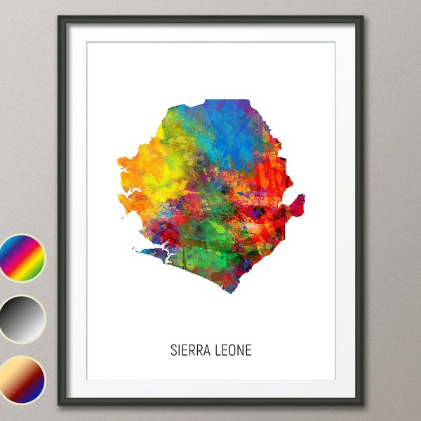 Sierra Leone Map, Watercolour Art Print Poster, Colour, Black White, Beige 10933