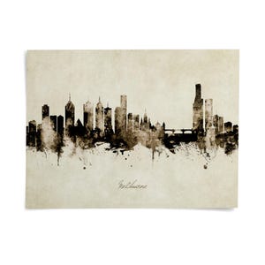 the skyline of Melbourne, Australia, with a focus on the city's architectural features and landmarks.