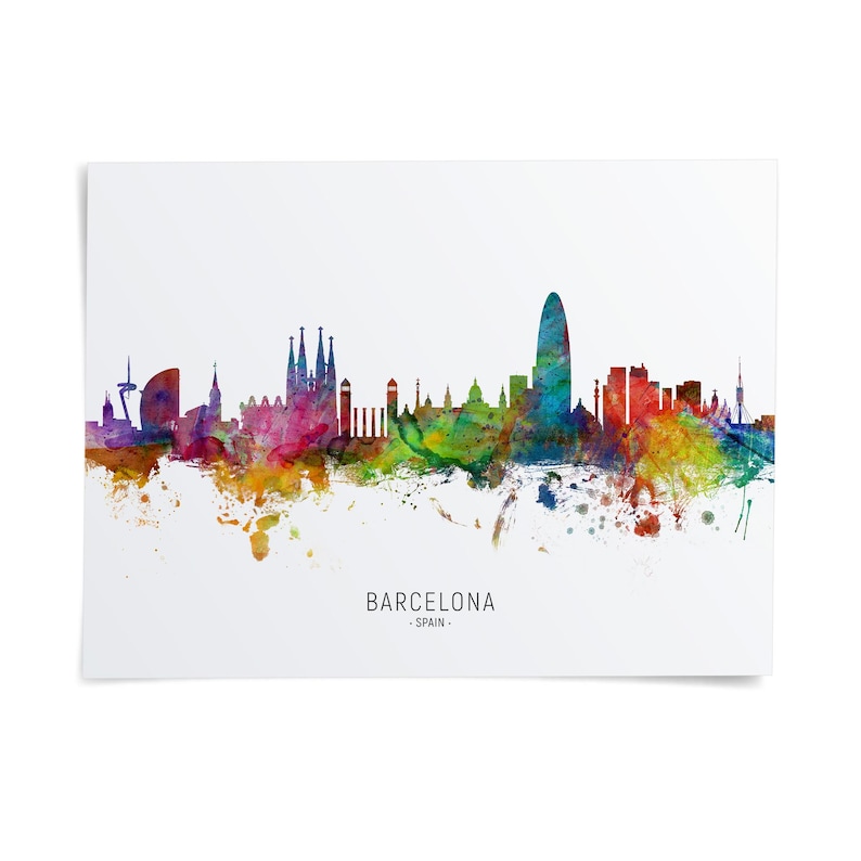 The image is a colorful watercolor illustration of the Barcelona skyline, featuring the city's iconic landmarks and architecture.