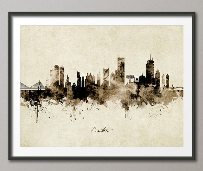 May include: A sepia-toned watercolor illustration of the Boston skyline. The image features a variety of buildings, including skyscrapers, churches, and bridges. The text "Boston" is written in a stylized font at the bottom of the image.