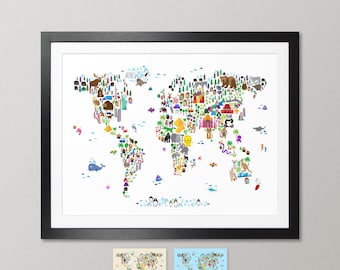 Children's Animal World Map, Cartoon Wildlife Art Print Poster (2208)