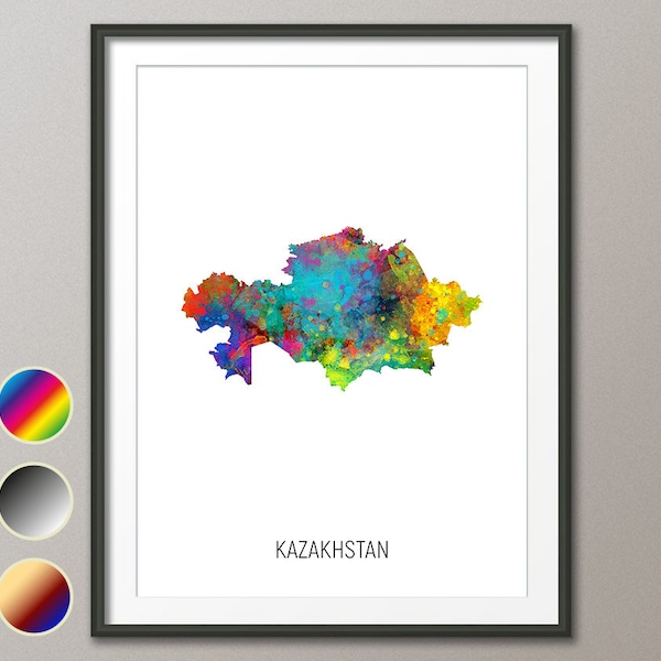 Kazakhstan Map, Watercolour Art Print Poster, Colour, Black White, Beige (10863)