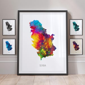 Póster con impresión artística de pintura en acuarela con mapa de Serbia MX (10931)
