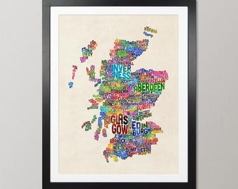 Scotland Typography Map, City and Town Names, Text Art Print Poster - (1483)