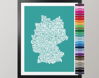Mapa tipográfico de Alemania, mapa de texto de las regiones alemanas, opciones de color, póster con impresión artística (279)