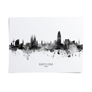 the skyline of Barcelona, Spain, with the city's iconic landmarks and buildings rendered in black and white.