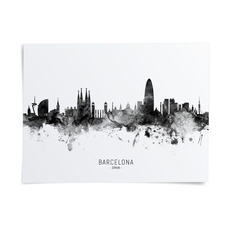 the skyline of Barcelona, Spain, with the city's iconic landmarks and buildings rendered in black and white.