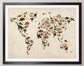 Dinosaur Map of the World Map, Art Print Poster (186)