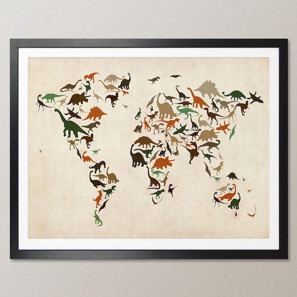 Dinosaur Map of the World, for children and kids, World Map Art Print Poster (186)