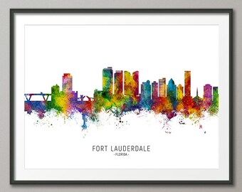 Fort Lauderdale Skyline Florida, Cityscape Painting Art Print Poster CX (15421)