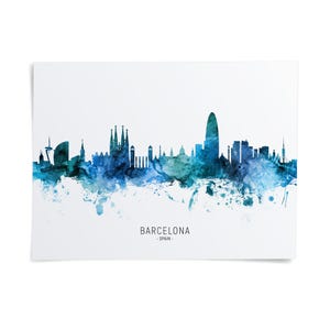The image is a watercolor illustration of the Barcelona skyline, featuring the city's iconic landmarks and architecture in a stylized, abstract manner.