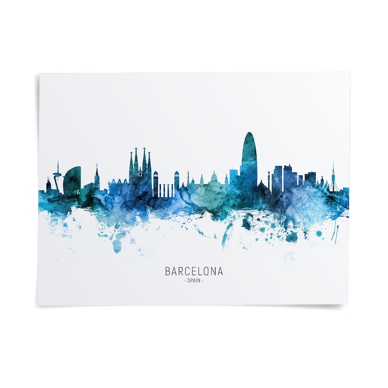The image is a watercolor illustration of the Barcelona skyline, featuring the city's iconic landmarks and architecture in a stylized, abstract manner.
