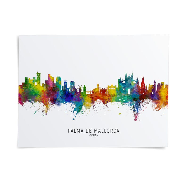 The image is a colorful watercolor illustration depicting the skyline of Palma de Mallorca, Spain.