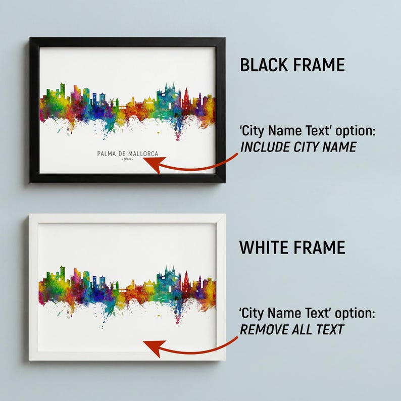 two framed cityscape artworks, one in a black frame and the other in a white frame. The black frame has a city name text option, while the white frame does not.