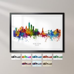 The image is a framed watercolor painting of the New York City skyline, featuring a colorful and vibrant representation of the city's iconic landmarks and buildings.