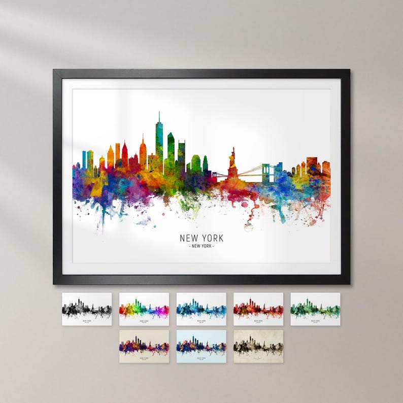The image is a framed watercolor painting of the New York City skyline, featuring a colorful and vibrant representation of the city's iconic landmarks and buildings.