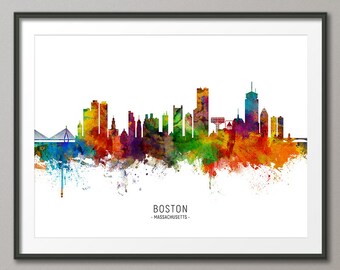 Boston Skyline Massachusetts, Cityscape Painting Art Print Poster CX (6490)