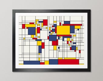 Världskarta i Piet Mondrians stil, konsttryck WM (202)