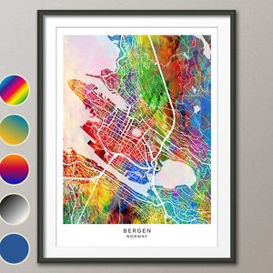 Bergen kaart, Noorwegen stadskaart, aquarel Art Print Poster (31261)