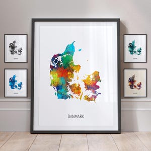 May include: A colourful watercolour map of Denmark with the word "DANMARK" printed below the map.