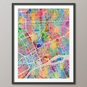 Detroit Map, Detroit Michigan Watercolor Map Painting Art Print Poster (4059)