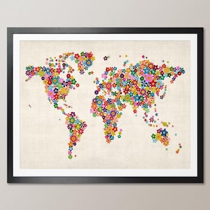 Bloemenkaart van de wereldkaart, kunstafdruk WM (171)