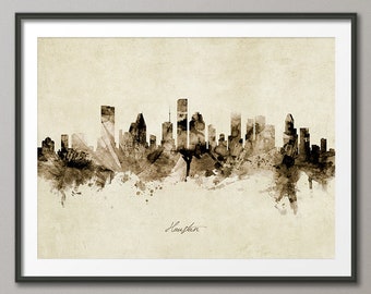 Houston Skyline Texas, Cityscape Art Print Poster Vintage Sepia (9027)