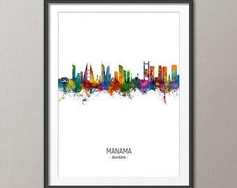 Manama Skyline, Manama Bahrain Cityscape Art Print Poster Portrait (29527)