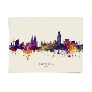 The image is a watercolor painting of the Barcelona skyline, featuring the city's iconic landmarks and architecture in a vibrant, colorful style.