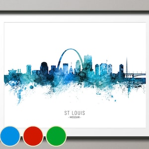 St Louis Skyline Missouri, Cityscape Art Poster Print Blue Red Green (20586)