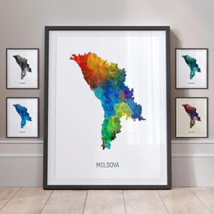Póster con impresión artística de pintura en acuarela con mapa de Moldavia MX (10885)