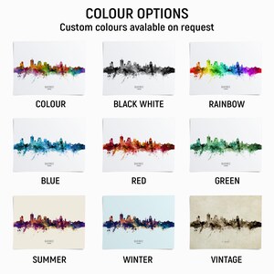 a collection of nine different color options for a cityscape, each with a unique color scheme. The options include "COLOUR", "BLACK WHITE", "RAINBOW", "BLUE", "RED", "GREEN", "SUMMER", "WINTER", and "VINTAGE".