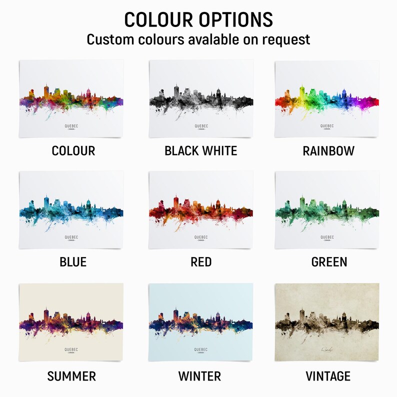 a collection of nine different color options for a cityscape, each with a unique color scheme. The options include "COLOUR", "BLACK WHITE", "RAINBOW", "BLUE", "RED", "GREEN", "SUMMER", "WINTER", and "VINTAGE".