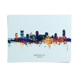 A colorful, abstract representation of the Nashville skyline, with the city's iconic buildings and landmarks depicted in a stylized, artistic manner.