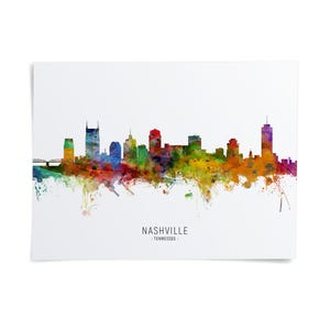 A colorful watercolor-style illustration of the Nashville skyline, with the text "NASHVILLE - TENNESSEE" prominently displayed.