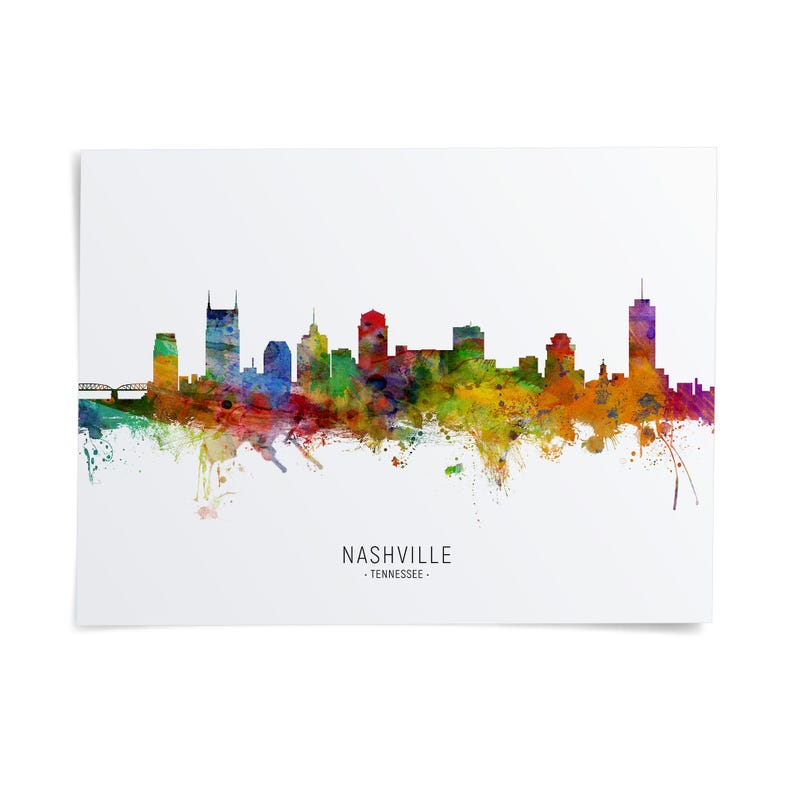 A colorful watercolor-style illustration of the Nashville skyline, with the text "NASHVILLE - TENNESSEE" prominently displayed.